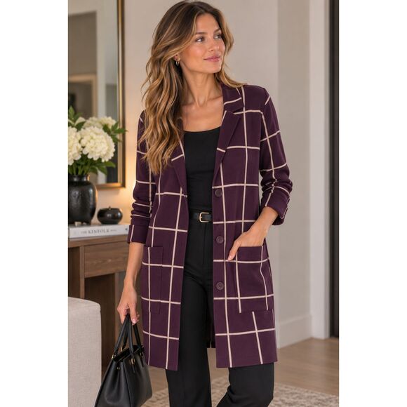 Nine West Sweaters - Nine West Womens Size Medium Burgundy Windowpane Plaid Long Cardigan Sweater